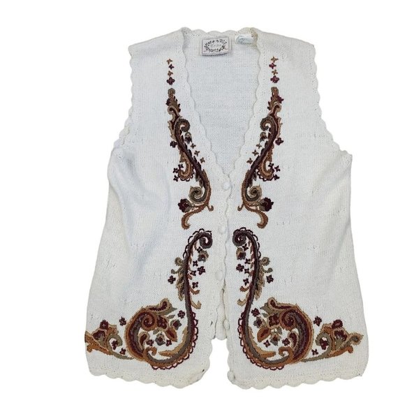 Vintage 90s Cream Sweater Vest Embroidered Paisley Burgandy Sz S/M - Picture 1 of 6